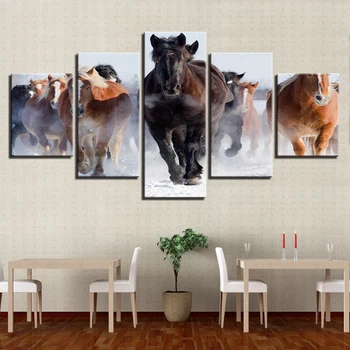 Sienas Mākslas Audekls Gleznas 5 Gabals HD Drukāt Lieliem Zirgiem, kas Darbojas Dzīvnieku Izcelsmes Ornamenti, Sienas Dekori Mākslas darbu