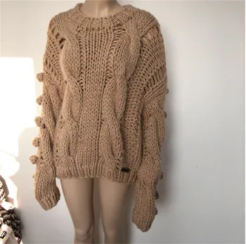 2019. gada rudens un ziemas jauno modes ikdienas roku darbs, kokvilnas bumbu apaļu kakla džemperis džemperis sievietēm