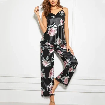 Pidžamas Sieviešu Pidžamas Komplekts Cami Topi Garās Bikses Pijamas Kopa ar Vintage Ziedu Drukas Gadījuma Zaudēt Femme Mājas Tērps