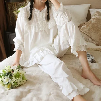 Salds Stand-apkakles Dizaina Sieviešu Baltā Krāsa Pidžamas Komplekti Mīkstas Kokvilnas ar garām Piedurknēm Sleepwear Piemērots Pavasara, Rudens