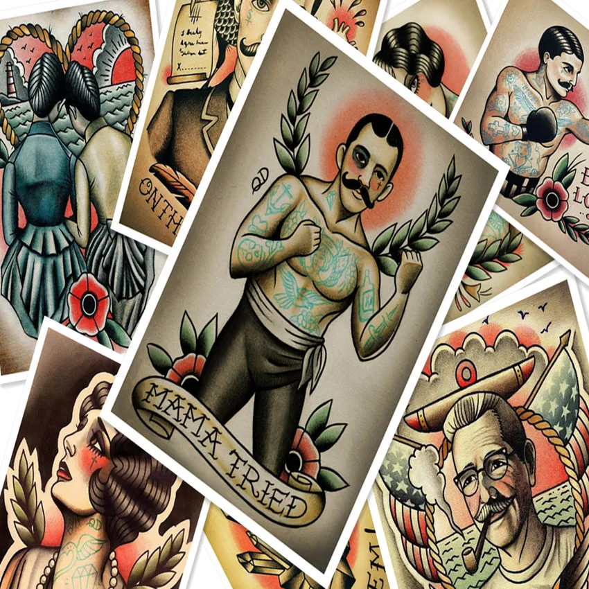 ReCreative Tetovējumiem Rakstu Manuskripts Vintage Kraftpapīrs Plakātu Sienas Uzlīmes Apgleznošana Body Art Tattoo Frizētava, Apdares B